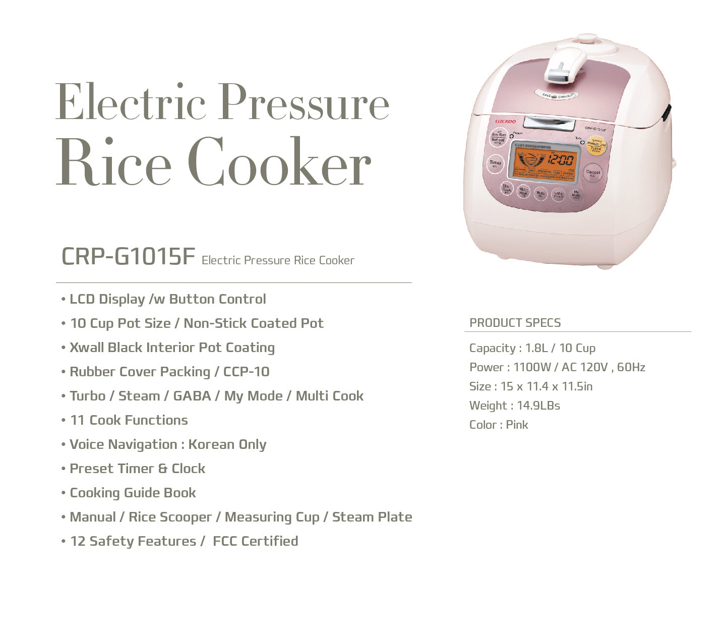 CRP-G1015F 10 Cup Electric Pressure Rice Cooker, 110v, Pink