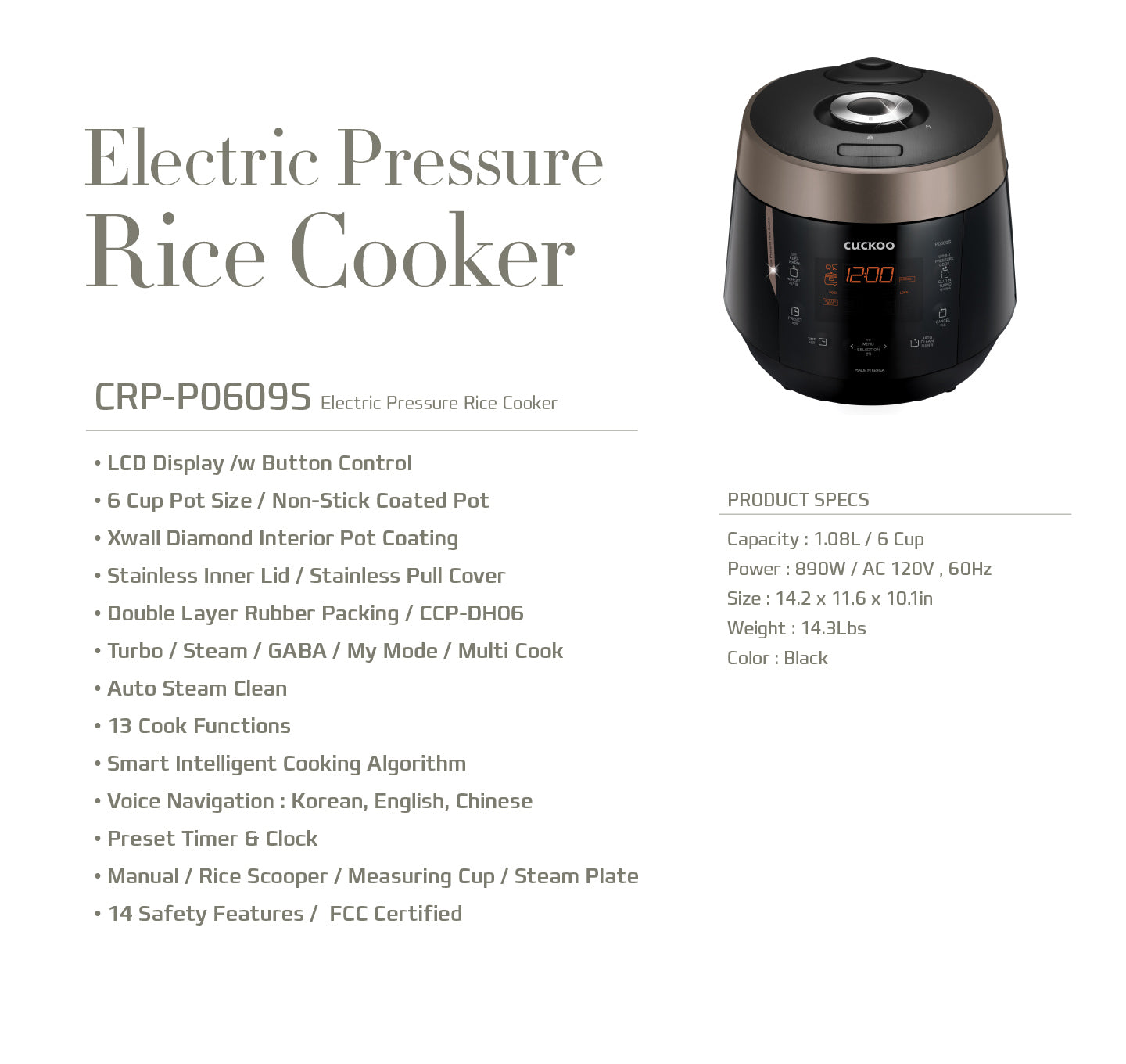 CUCKOO CRP-P0609S | 6-Cup (Uncooked) Pressure Rice Cooker | 12 Menu  Options: Quinoa, Nu Rung Ji, GABA/Brown Rice & More, Made in Korea |  Black/Copper