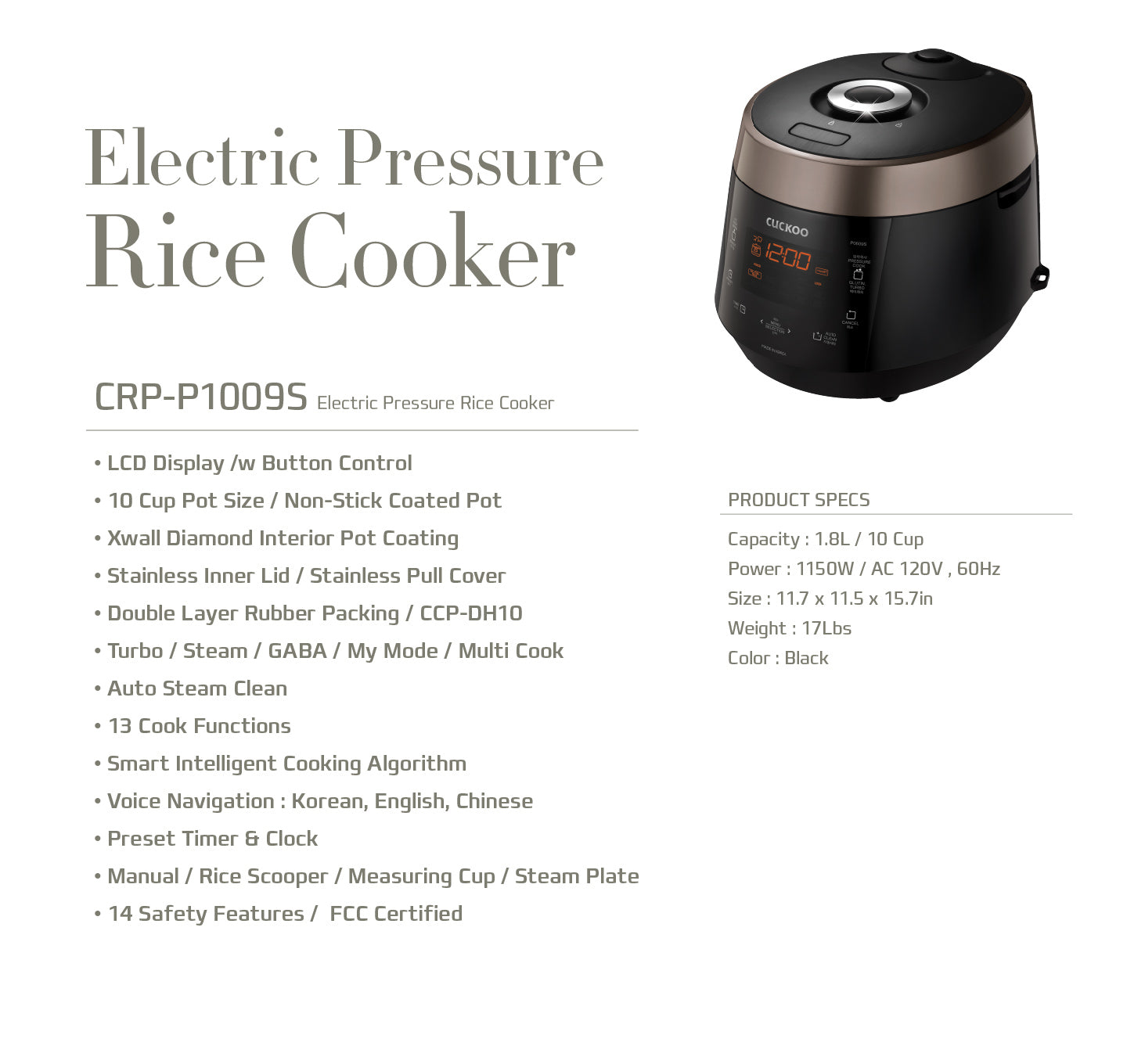  CRP-P1009SW 120V 10 Cup Electric Pressure Rice Cooker,  White