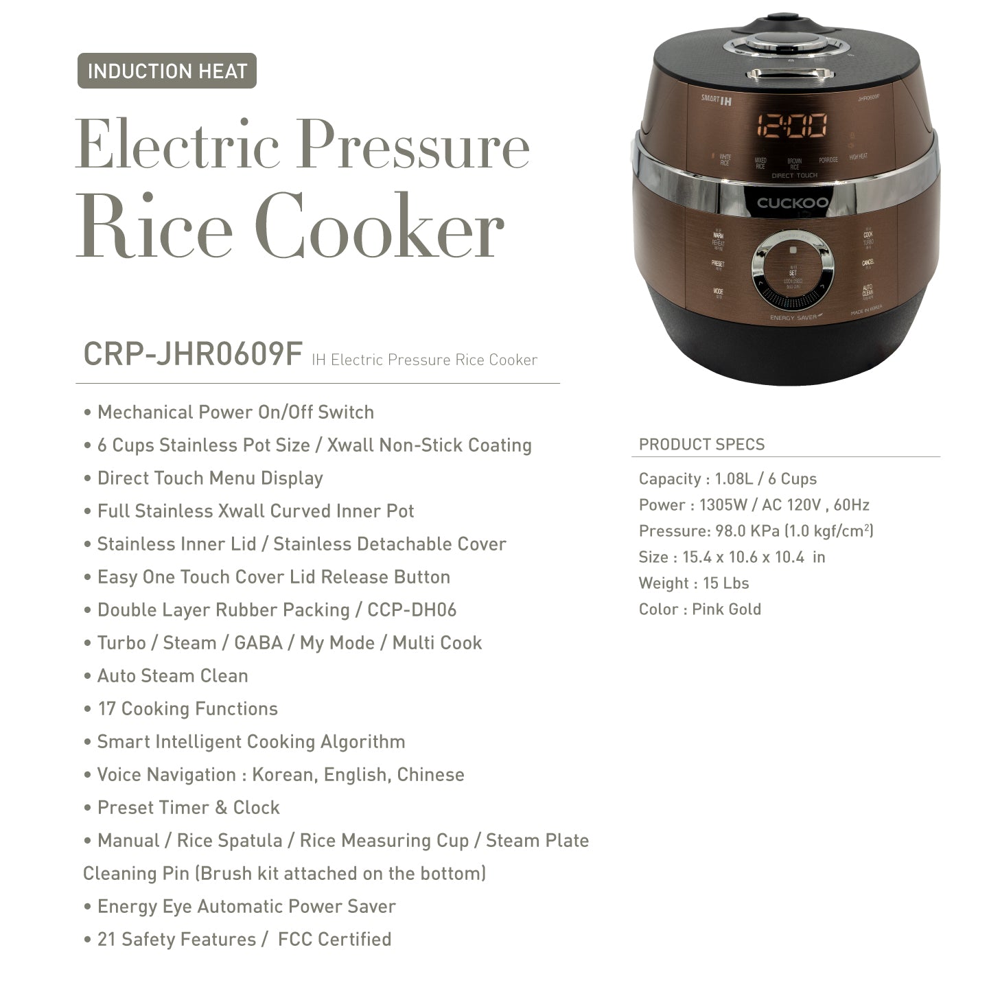 CRP-DHSR0609F 6 Cup 120V IH Pressure Rice Cooker, Metallic