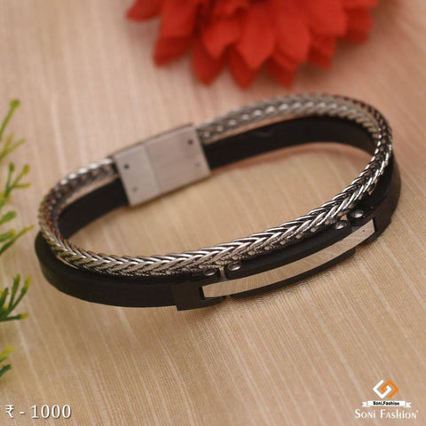 Braided Designer Stainless Steel and Leather Bracelet for Men, Boys Black (SJ_3353) | Shining Jewel