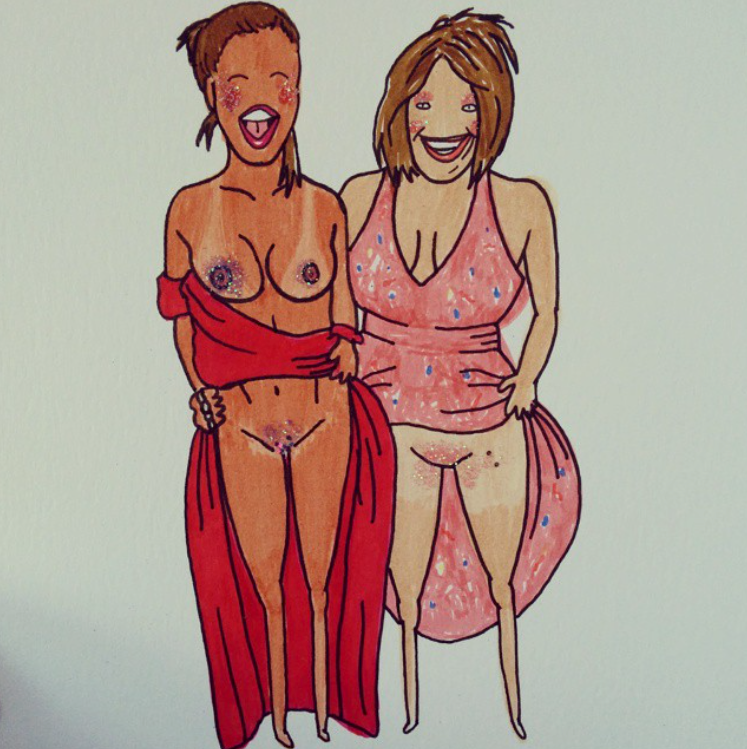 Illustration of Ali and Grace with Vaginas covered in glitter