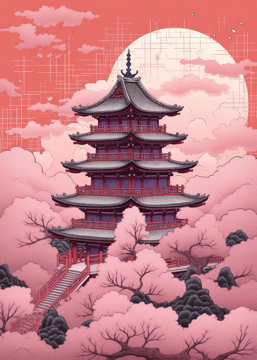 Sakura Serenity Japanese Temple Poster | Enchanting Cherry Blossom Art ...