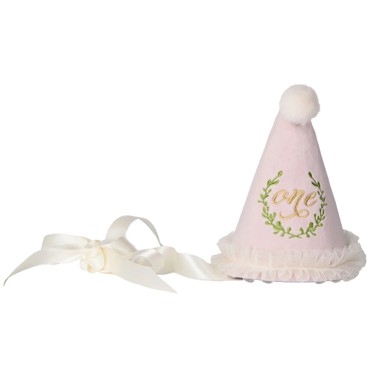 One Party Hat with Laurel Wreath Embroidery - Pink