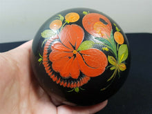 Load image into Gallery viewer, Vintage Russian Box Hand Painted Round for Powder Jewelry Trinket Black with Hand Painted Flowers Black Orange Red Green 1930&#39;s Original
