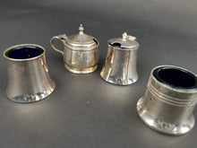 Load image into Gallery viewer, Vintage Cruet Set Mustard Salt Pepper Jar Pots Cellar Silver Plated with Cobalt Blue Glass Inserts EPNS Sheffield England British Set of 4
