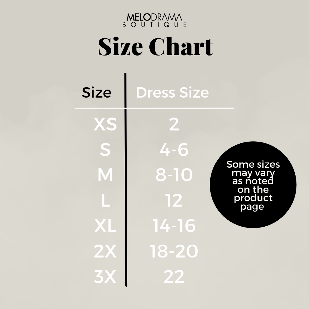 Melodrama Boutique Size Chart
