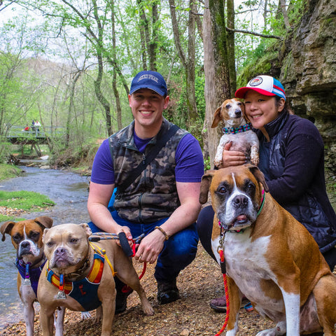 A man and a woman with their pitbull, boxers, and dachshund dog outdoors by a stream.