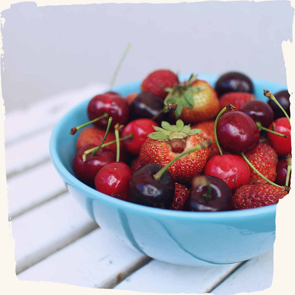 Fruit in a blue bowl