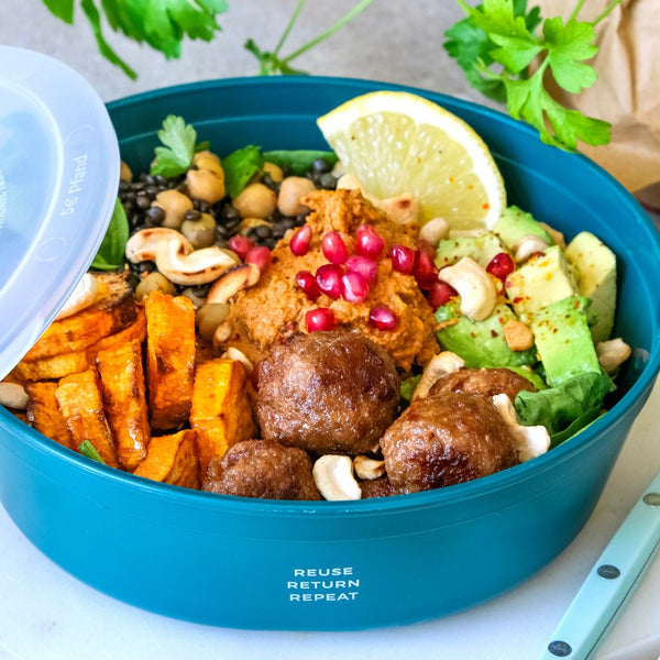 Rebowl vegane Buddha Bowl mit Köttbullar 