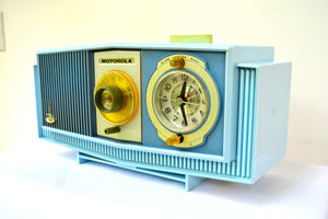 SOLD! - Aug 13, 2018 - BLUETOOTH MP3 UPGRADE ADDED - BLUE on Blue Mid-Century Retro 1963 Motorola Model C4P-55 Tube AM Clock Radio Rare Color! - [product_type} - Motorola - Retro Radio Farm