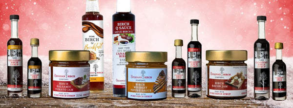 photos of all of our Birch singles products from sauces, to dessert toppings, to breakfast syrup and pure syrup. Click on the photo to learn more about our Sweet & Sociable Collection of gourmet birch ready made products.