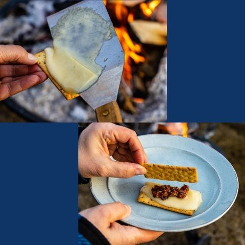 Two photos in a collage. One shows a perfectly melted slice of white aged cheddar sliding off a metal spatula onto a fresh crisp cracker. The second photo shows a cheese & bacon jam s'more with melted cheese and a generous dollop of birch bacon jam by the Canadian Birch Company and a pair of hands placing the top cracker on to complete the yummy treat.