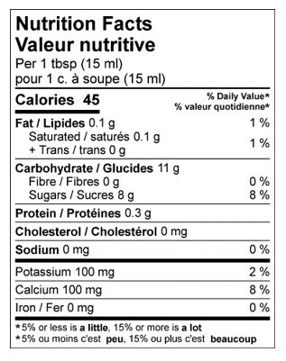 pure gold birch syrup nutrition label information