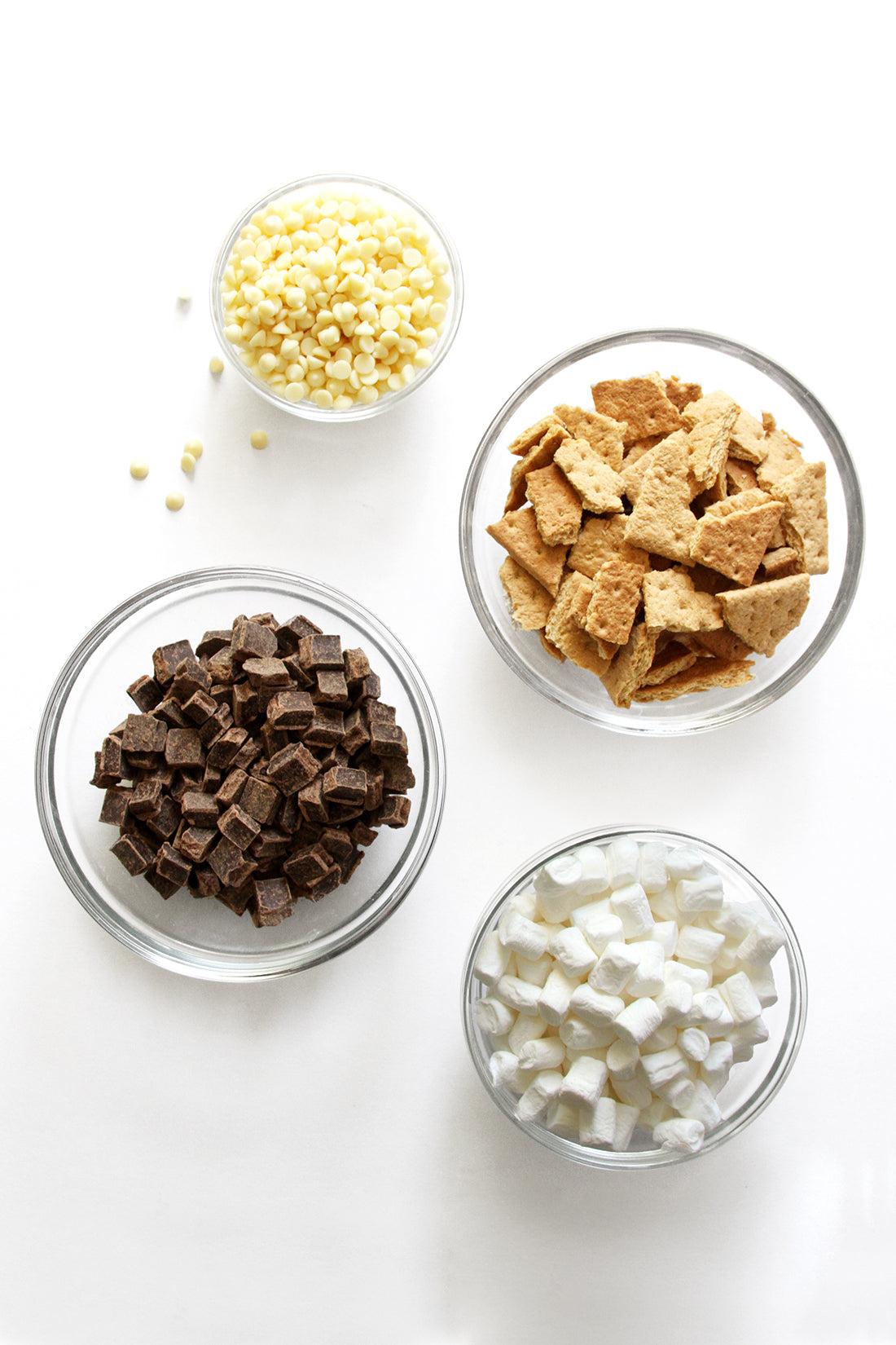 Image of four bowls with ingredients for Miss Jones Baking Co Campfire Smores Brownies Recipe