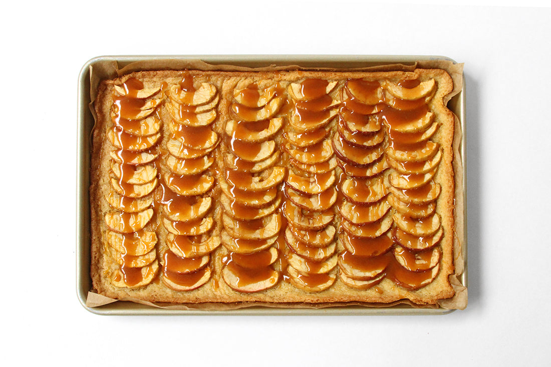 Image of baking tray with Miss Jones Baking Co Caramel Apple Bars