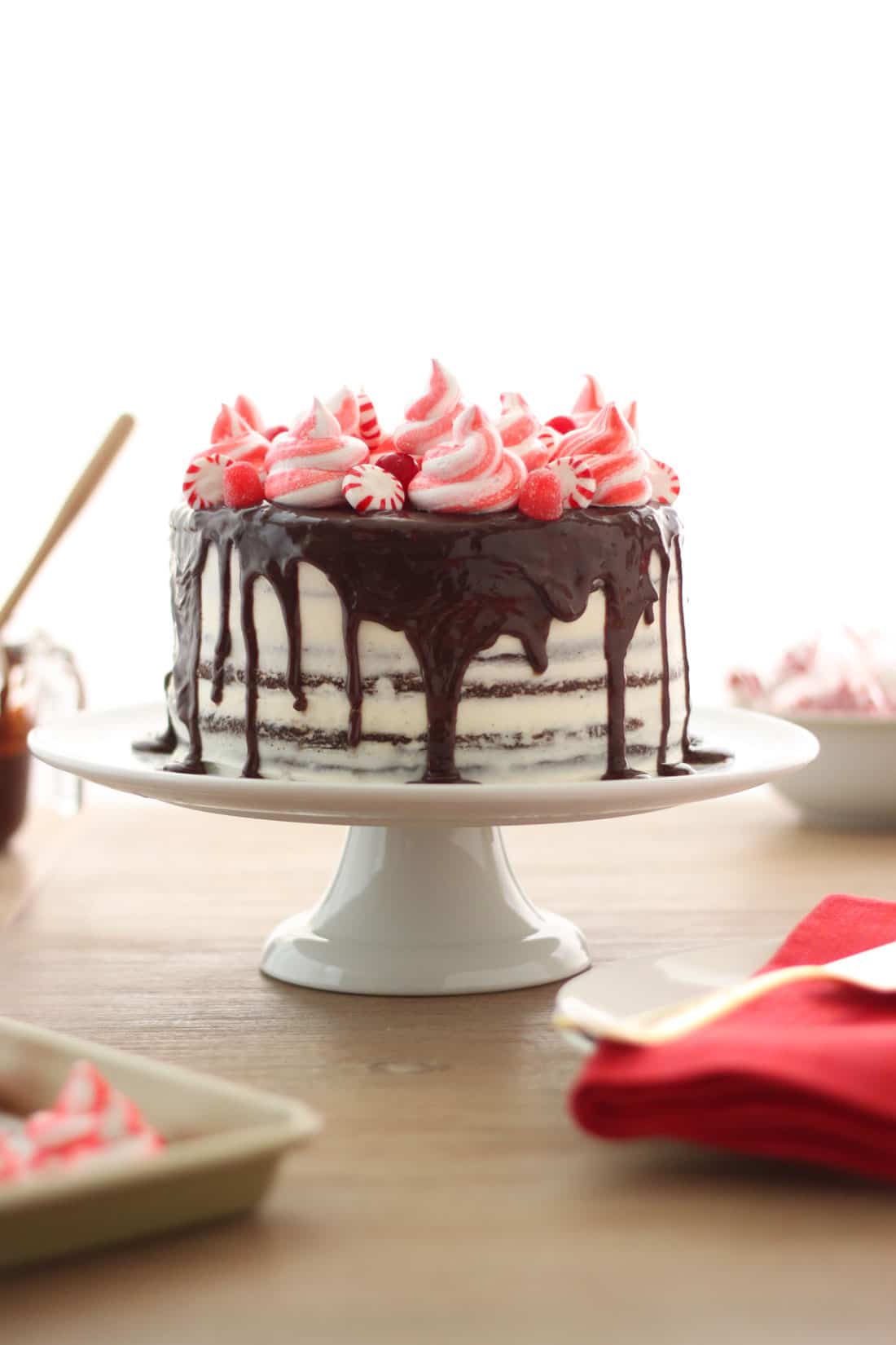 Side picture of Miss Jones Baking Peppermint Chocolate Layer Cake with Chocolate Ganache