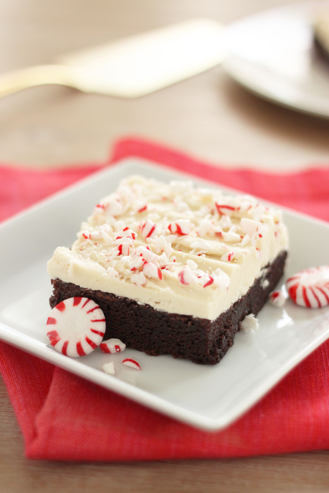 Image of side of finished Miss Jones Baking Co Super Chewy Chocolatey Peppermint Bark Brownie