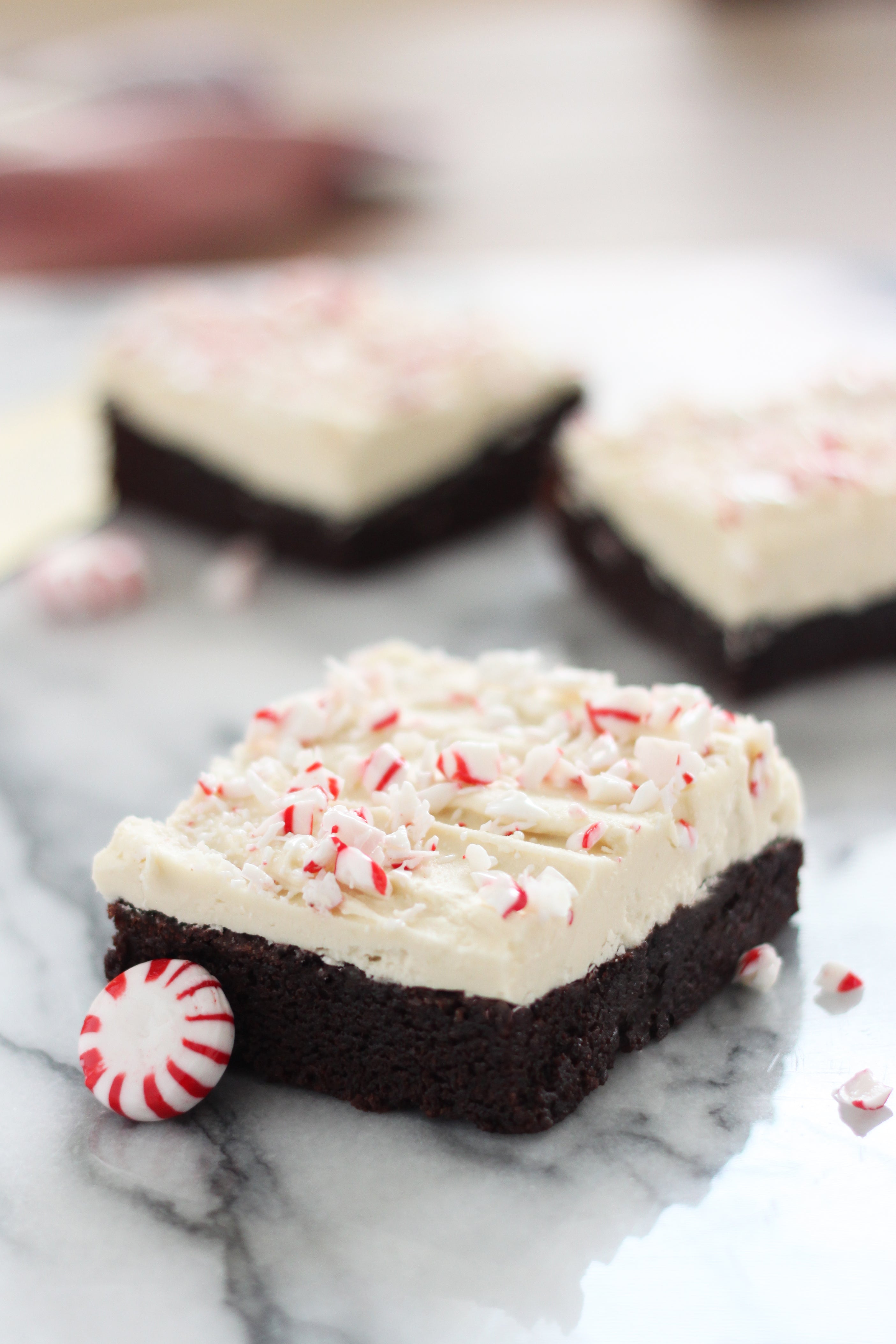 Image of three Miss Jones Baking Co Super Chewy Chocolatey Peppermint Bark Brownies