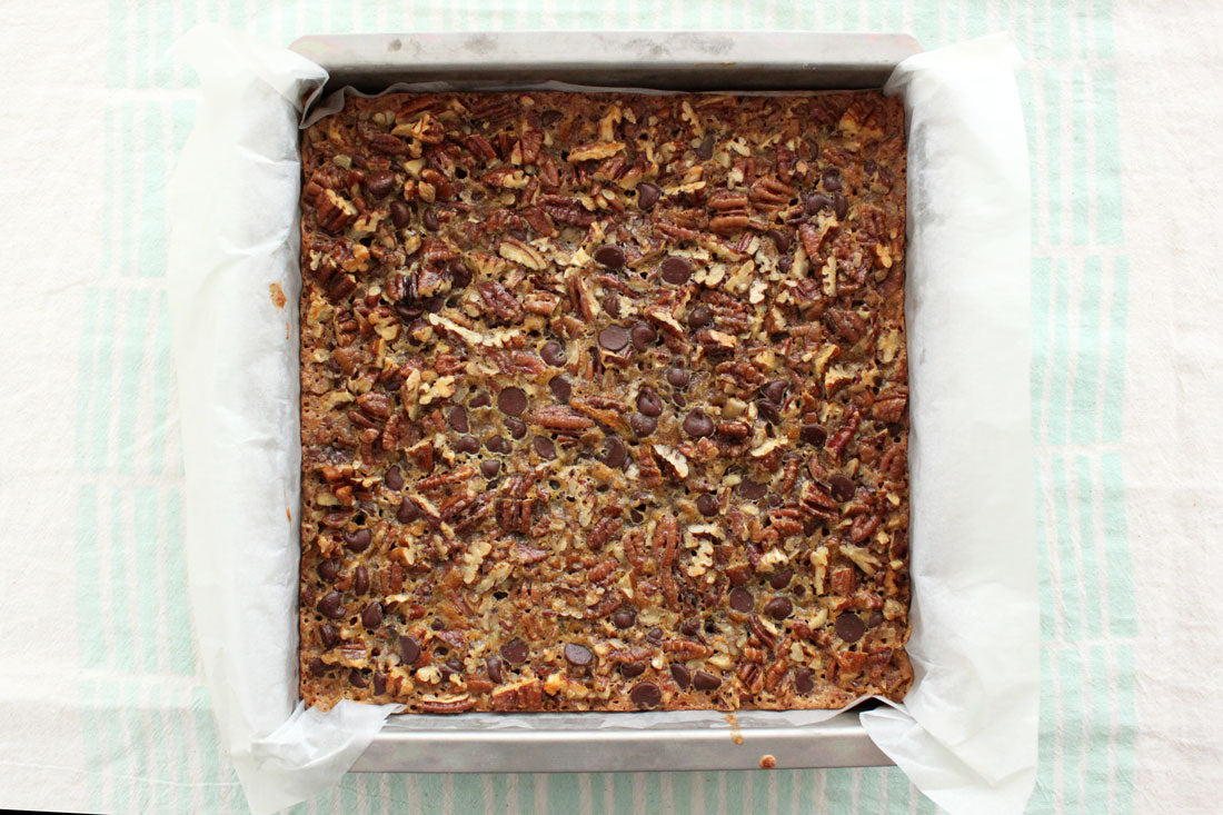 Miss Jones Baking Co Chocolate Pecan Pie Butter Bars in a baking pan