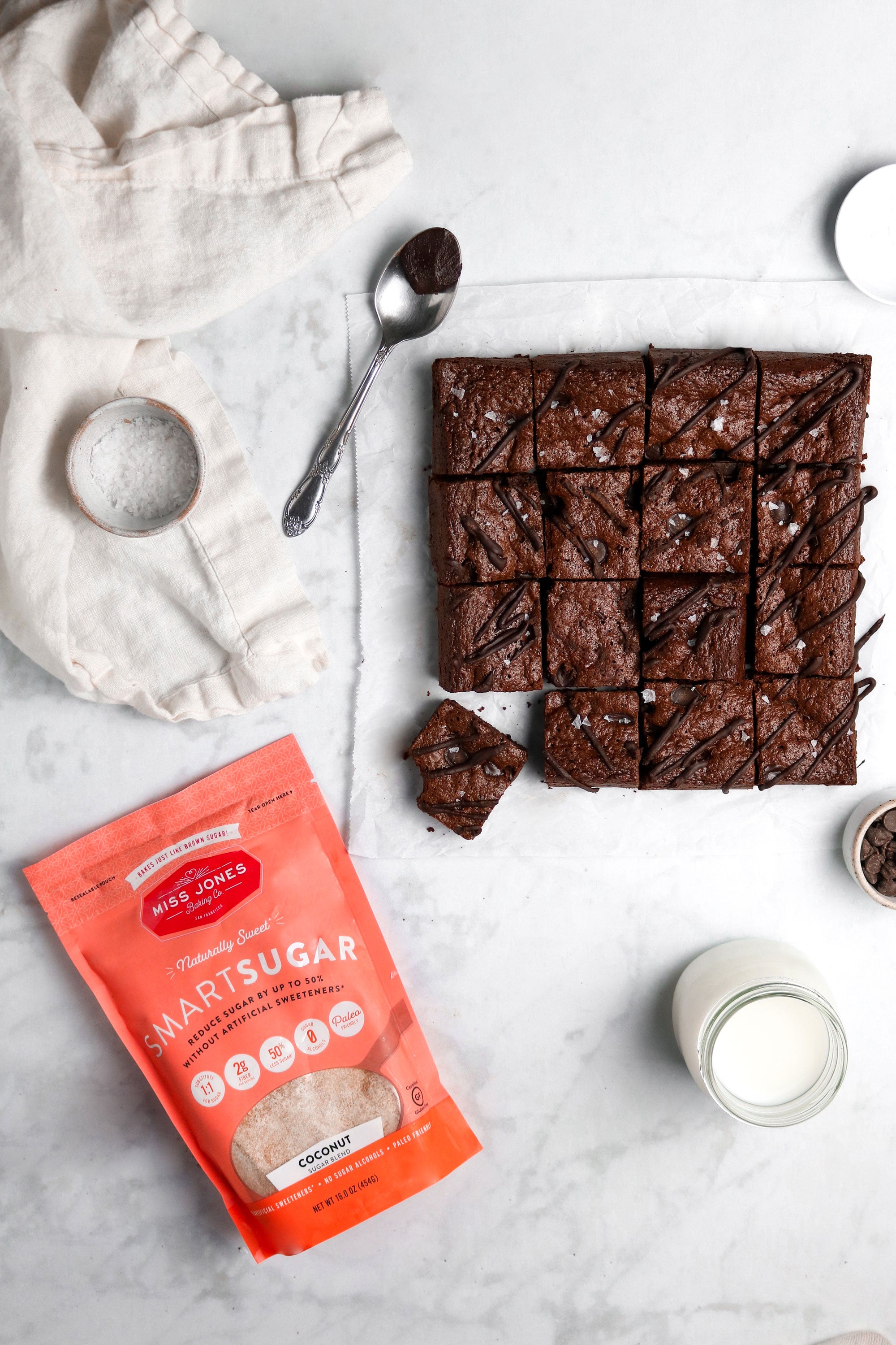 Image from above of Miss Jones Baking Co Paleo Brownies beside SmartSugar Coconut Sugar Blend