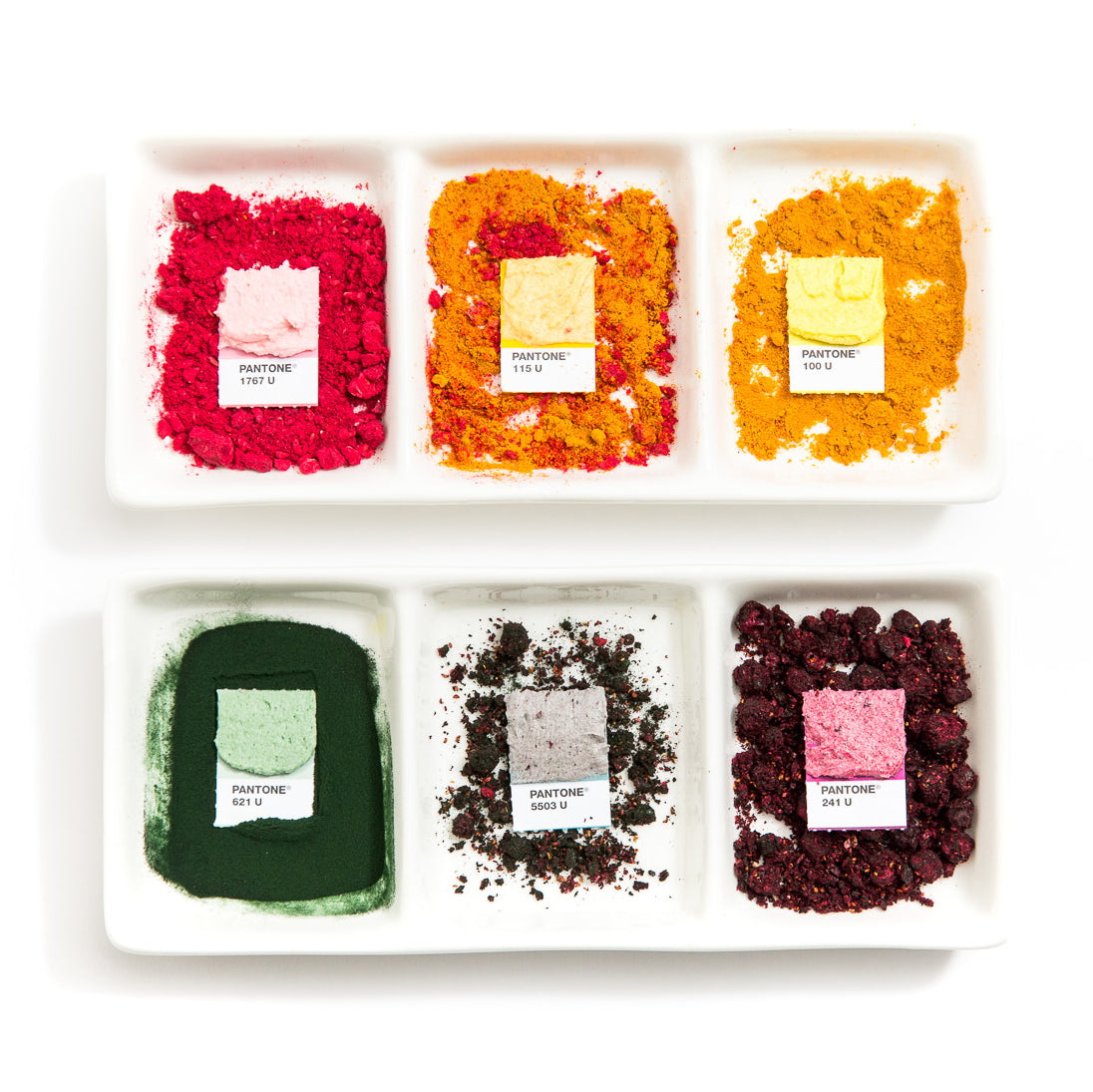 Image from above of six Pantone food dyes for Miss Jones Baking Co Rainbow Cakelets Recipe