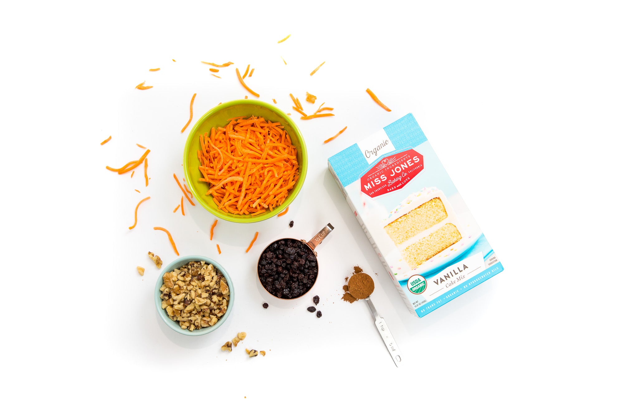 Image of ingredients used for Miss Jones Baking Co Carrot Cake Bark with a box of Miss Jones Vanilla Cake Mix