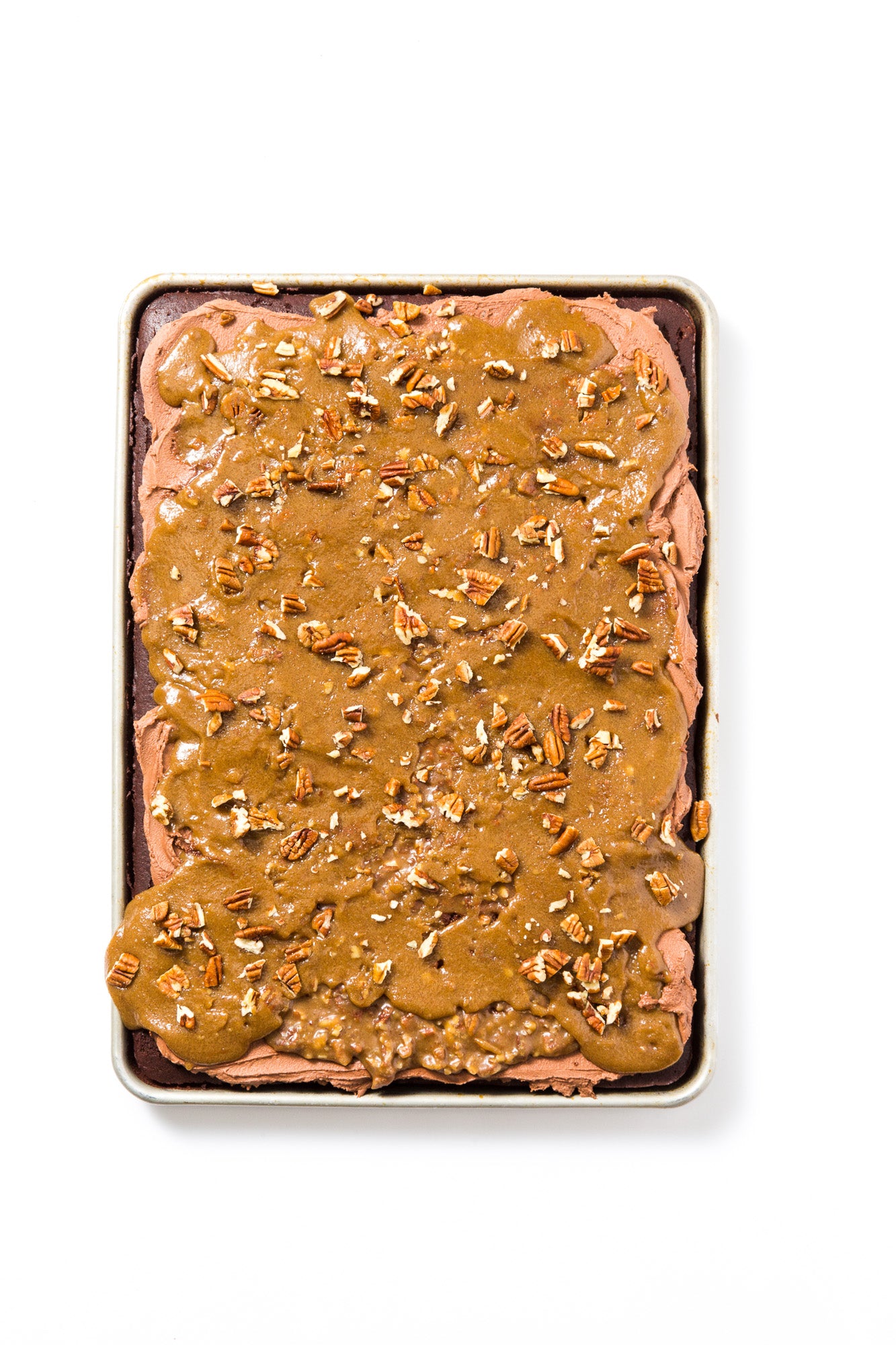 Top of Miss Jones Baking Co Bourbon Chocolate Praline Sheet Cake