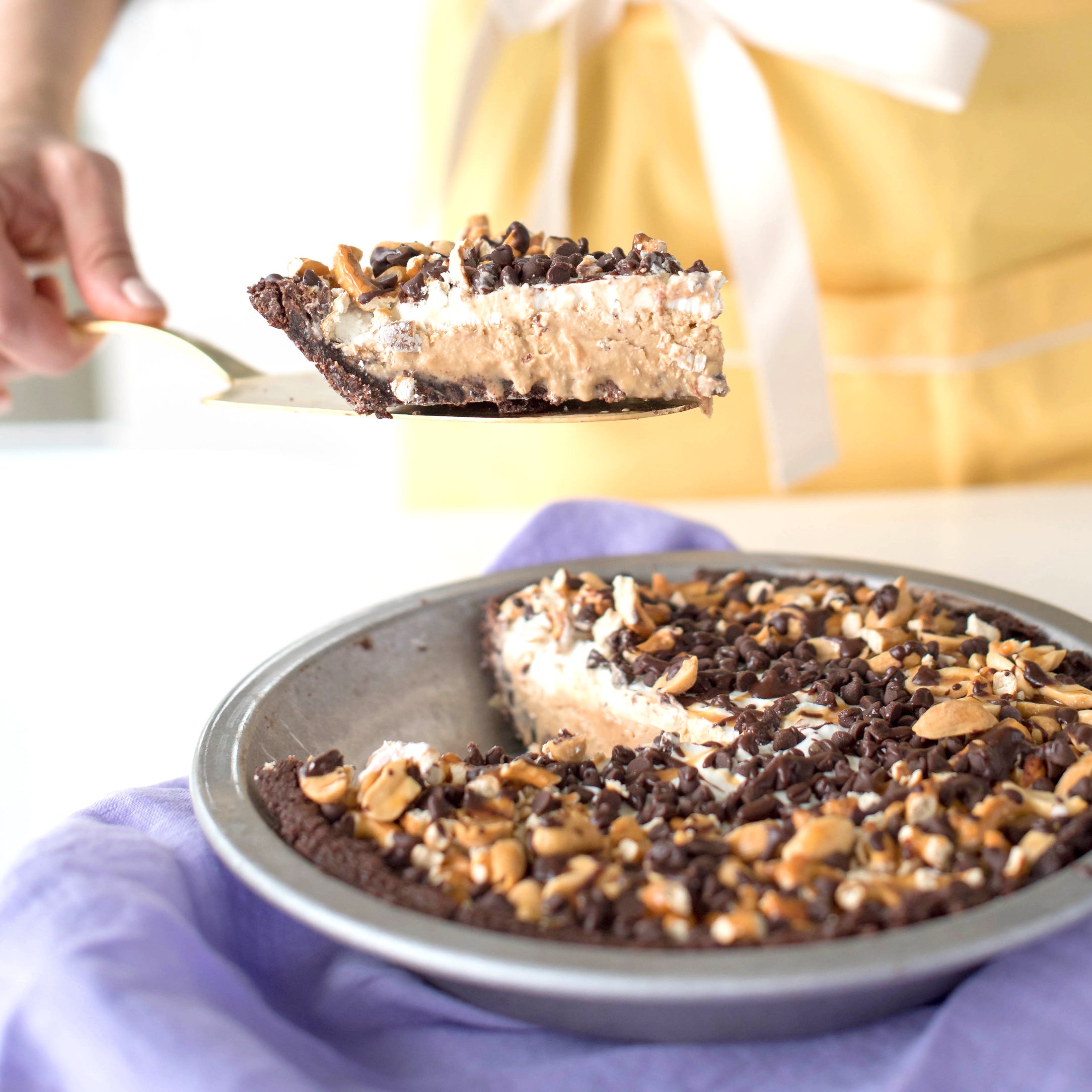 Image of Miss Jones Baking Co Salted Caramel Brownie Pie with a slice taken out of it