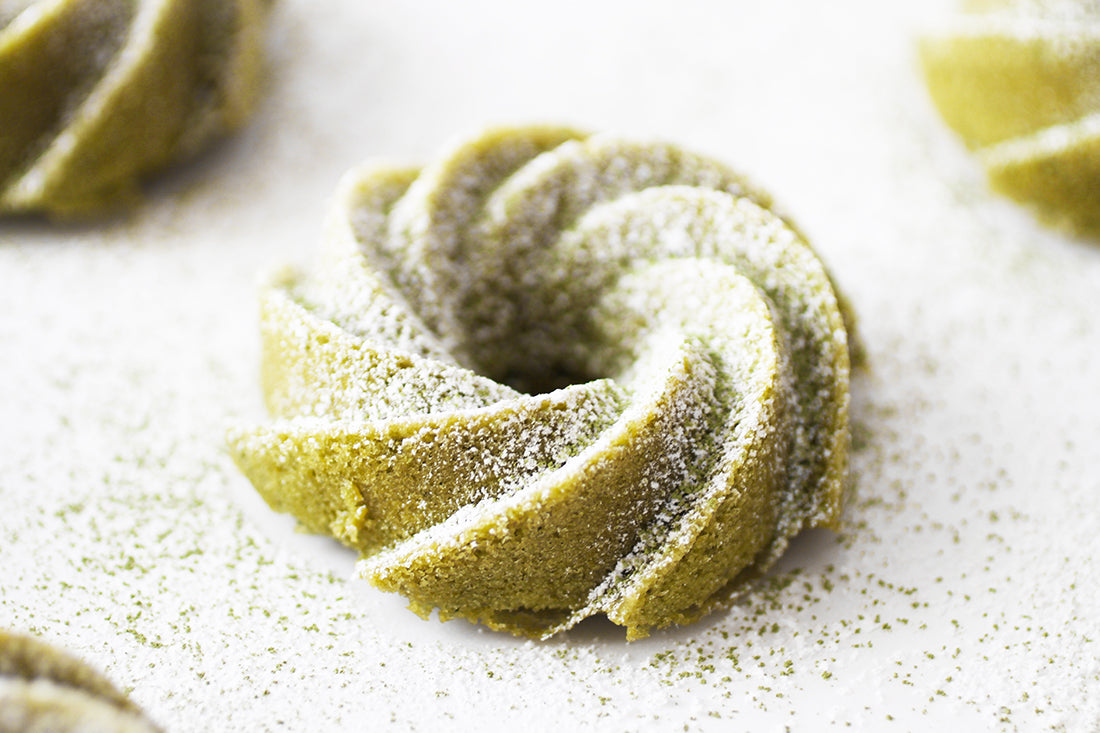 Close up image of a Miss Jones Baking Co Matcha Tea Cake