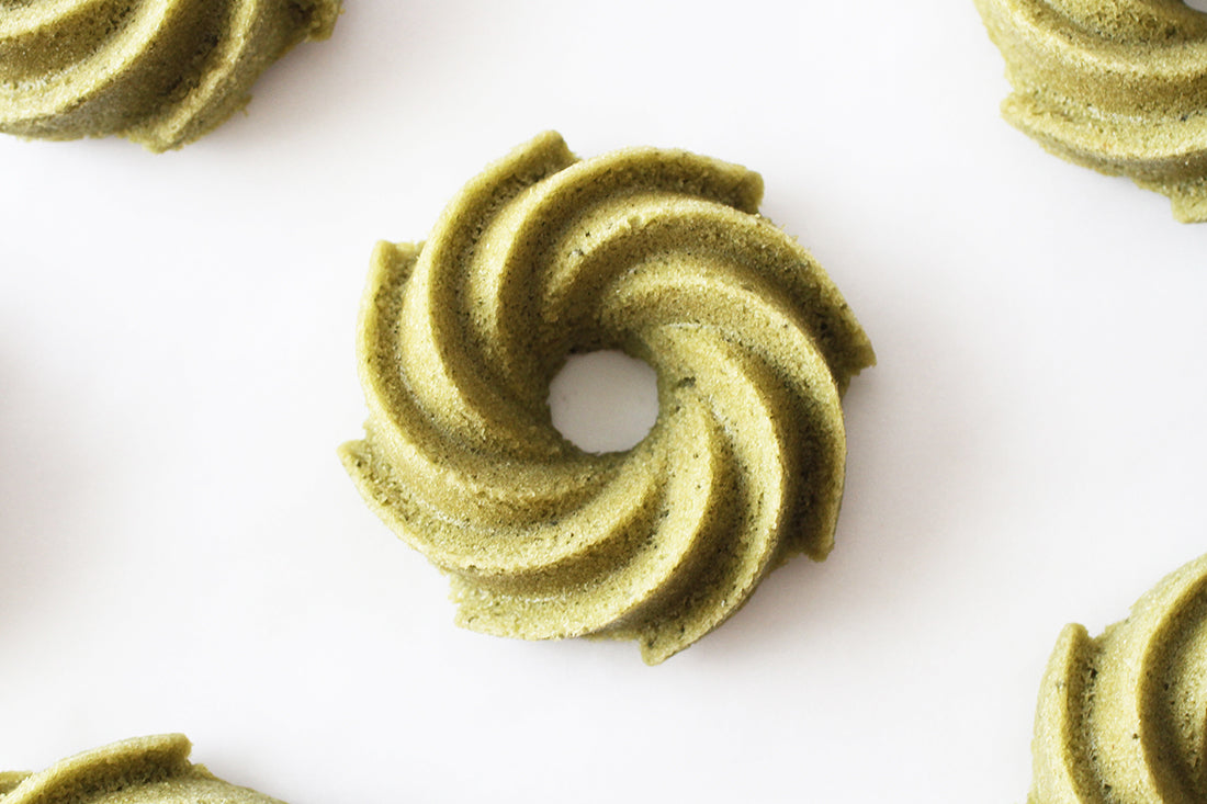 Close up image of Miss Jones Baking Co Matcha Tea Cakes from above