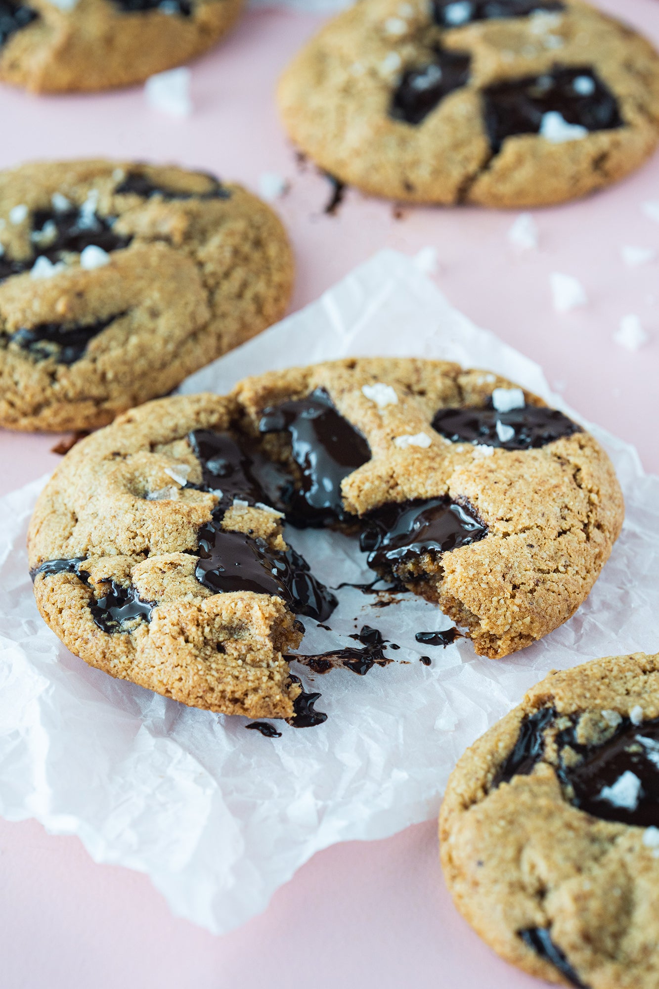 Close up image of a split Miss Jones Baking Co Paleo Chocolate Chip Cookie