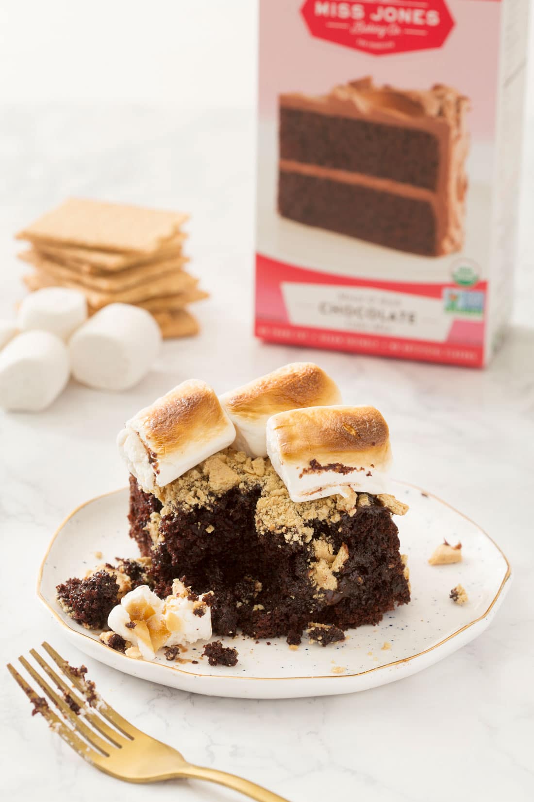 Miss Jones Chocolate S’mores Poke Cake on a plate in front of a box of Miss Jones Organic Chocolate Cake mix