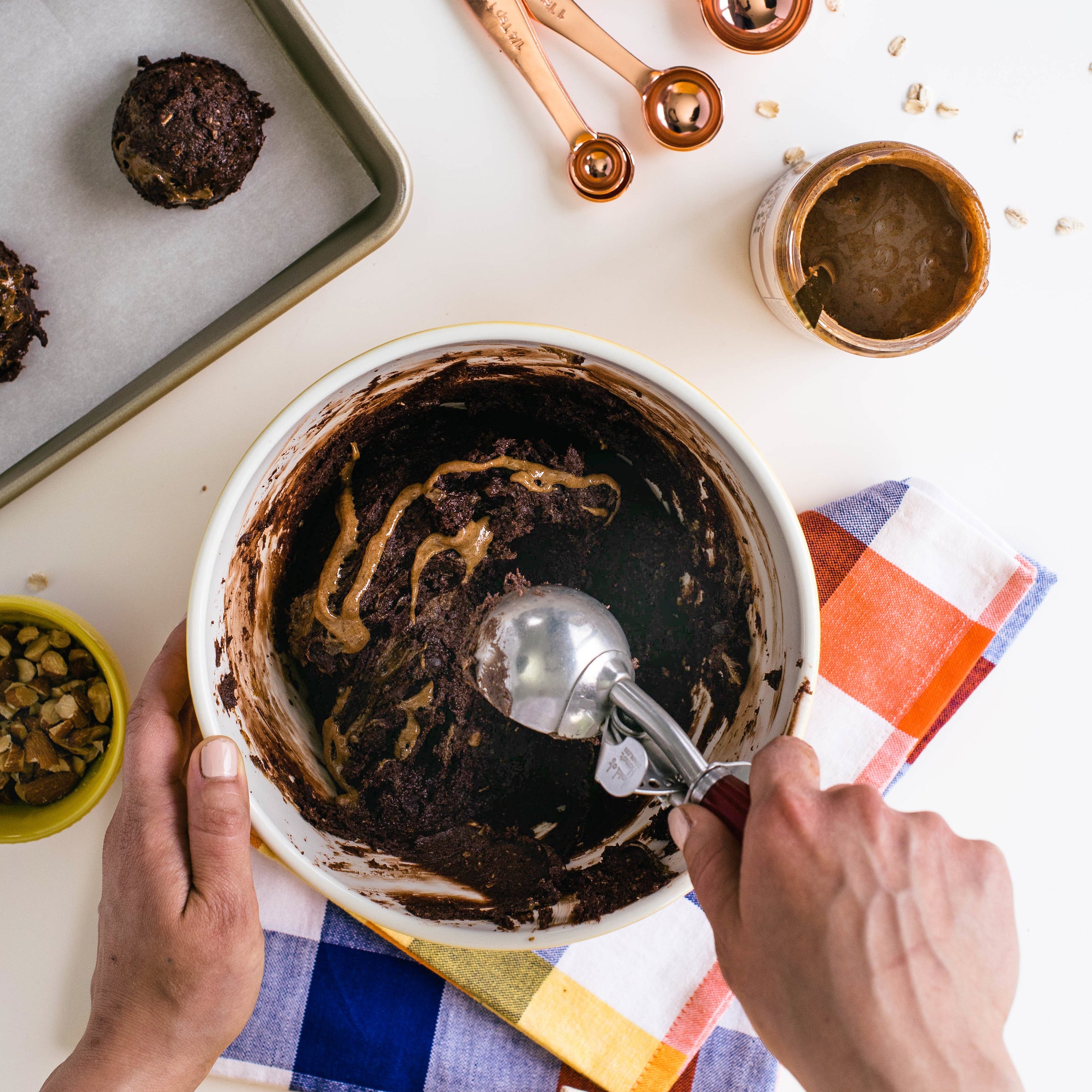 Miss Jones Baking Co Almond Butter Swirl Cookies batter scooped onto baking sheet