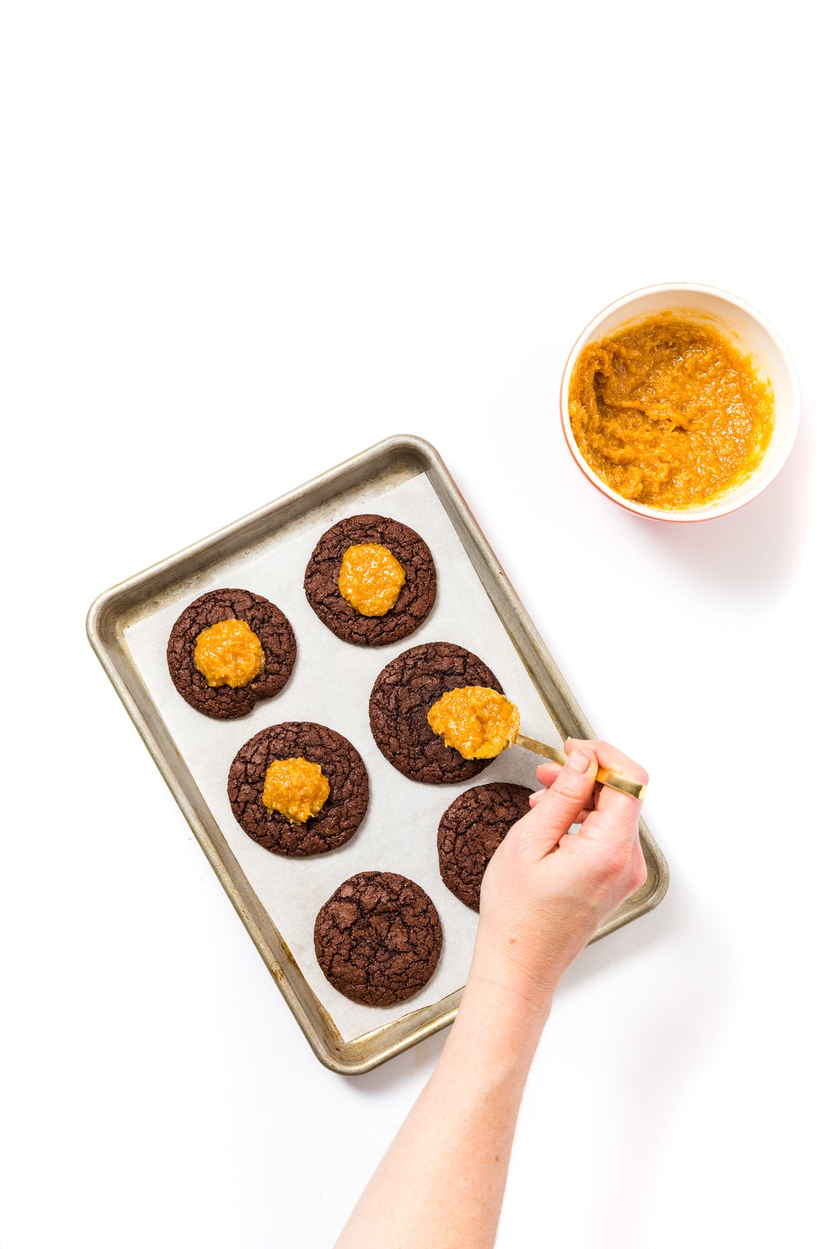 Image of top of baking with six of Miss Jones Baking Co Coconut Caramel Brownie Cookies
