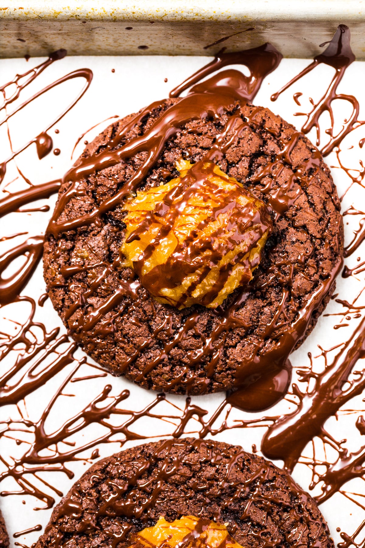 Close up image of top of Miss Jones Baking Co Coconut Caramel Brownie Cookies