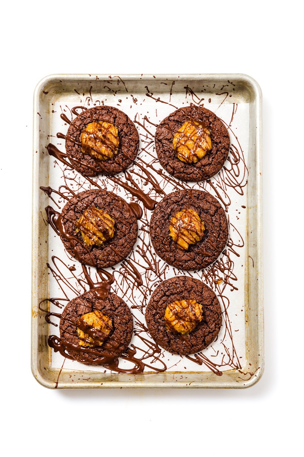 Image of top of baking sheet with six final Miss Jones Baking Co Coconut Caramel Brownie Cookies
