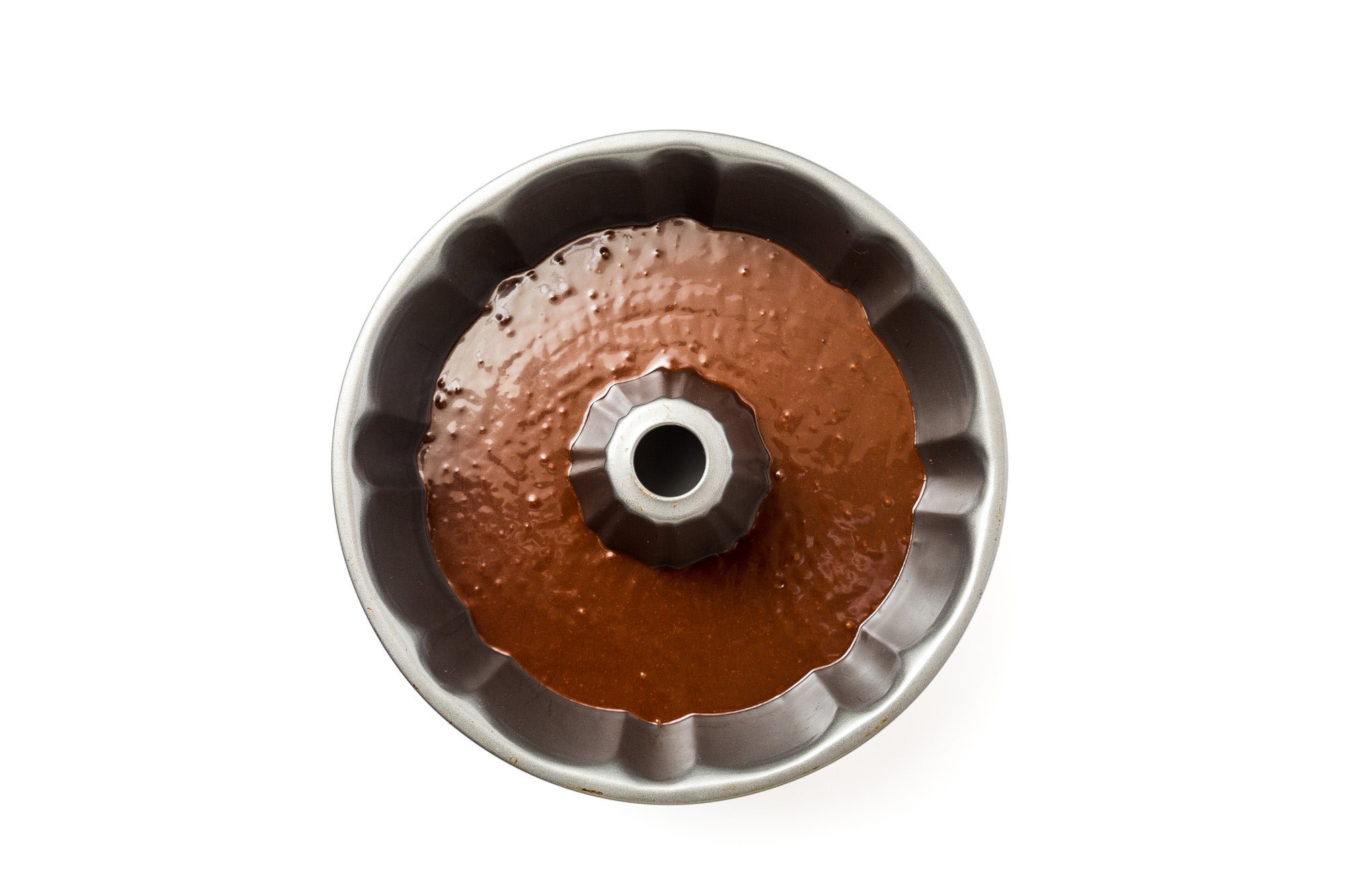 Image of batter in bundt cake pan used for Miss Jones Baking Co Chocolate Almond Butter Bundt Cake recipe