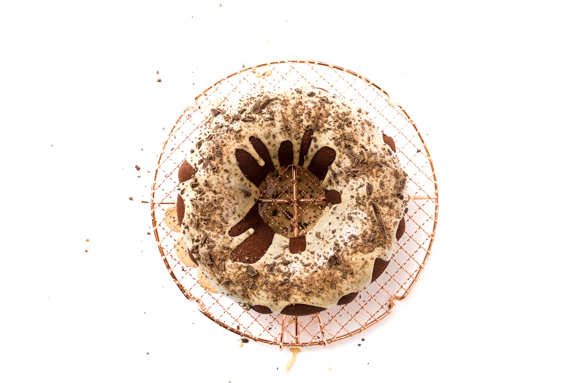 Image from above of Miss Jones Baking Co Chocolate Almond Butter Bundt Cake on baking rack