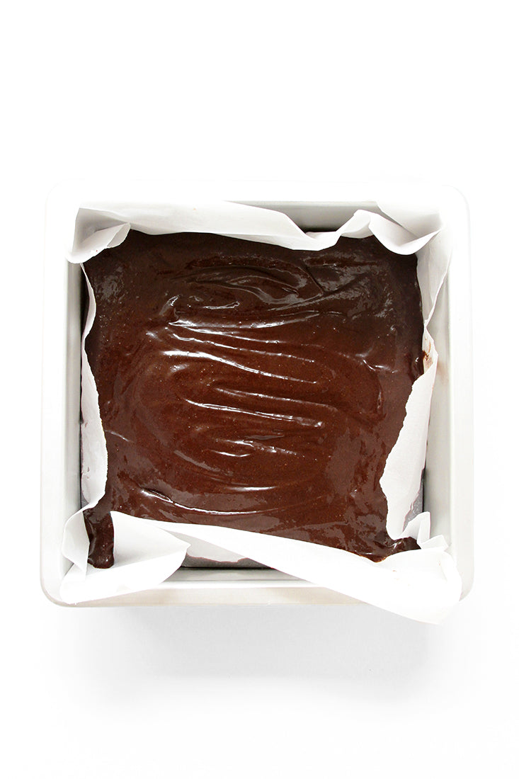 Image from above of brownie batter in a baking tin for Miss Jones Baking Co Peppermint Bark Brownies