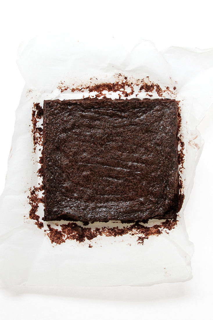 Image from above of cooked brownies in a baking tin for Miss Jones Baking Co Peppermint Bark Brownies