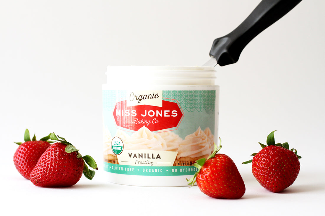 Image of side of jar of Miss Jones Baking Co Vanilla Frosting used for Miss Jones Baking Co California Strawberry Cake