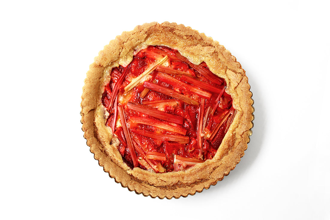 Image from above of a Miss Jones Baking Co Summer Strawberry + Rhubarb Tart