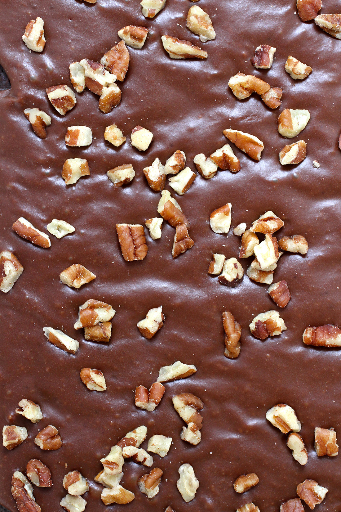 Close up image of the glaze and nuts on top of Miss Jones Baking Co Sarah's Texas Sheet Cake