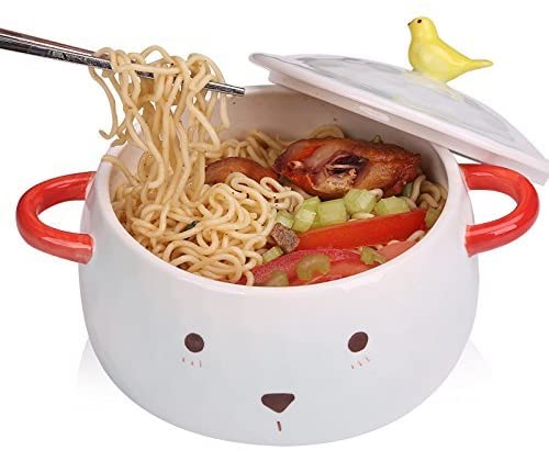 A noodle meal inside a Animal Print Ceramic Bowl with Cute Bird Lid