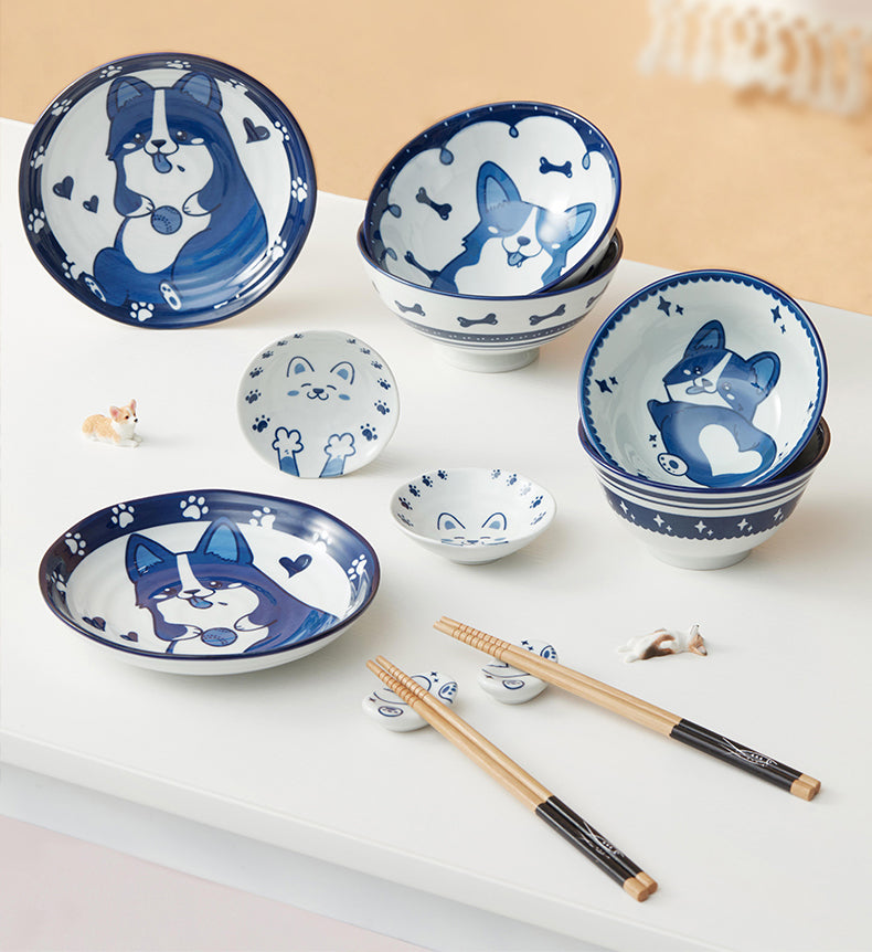 Japanese-Style Hand-Painted Cute Cat Tableware Set - Corgi