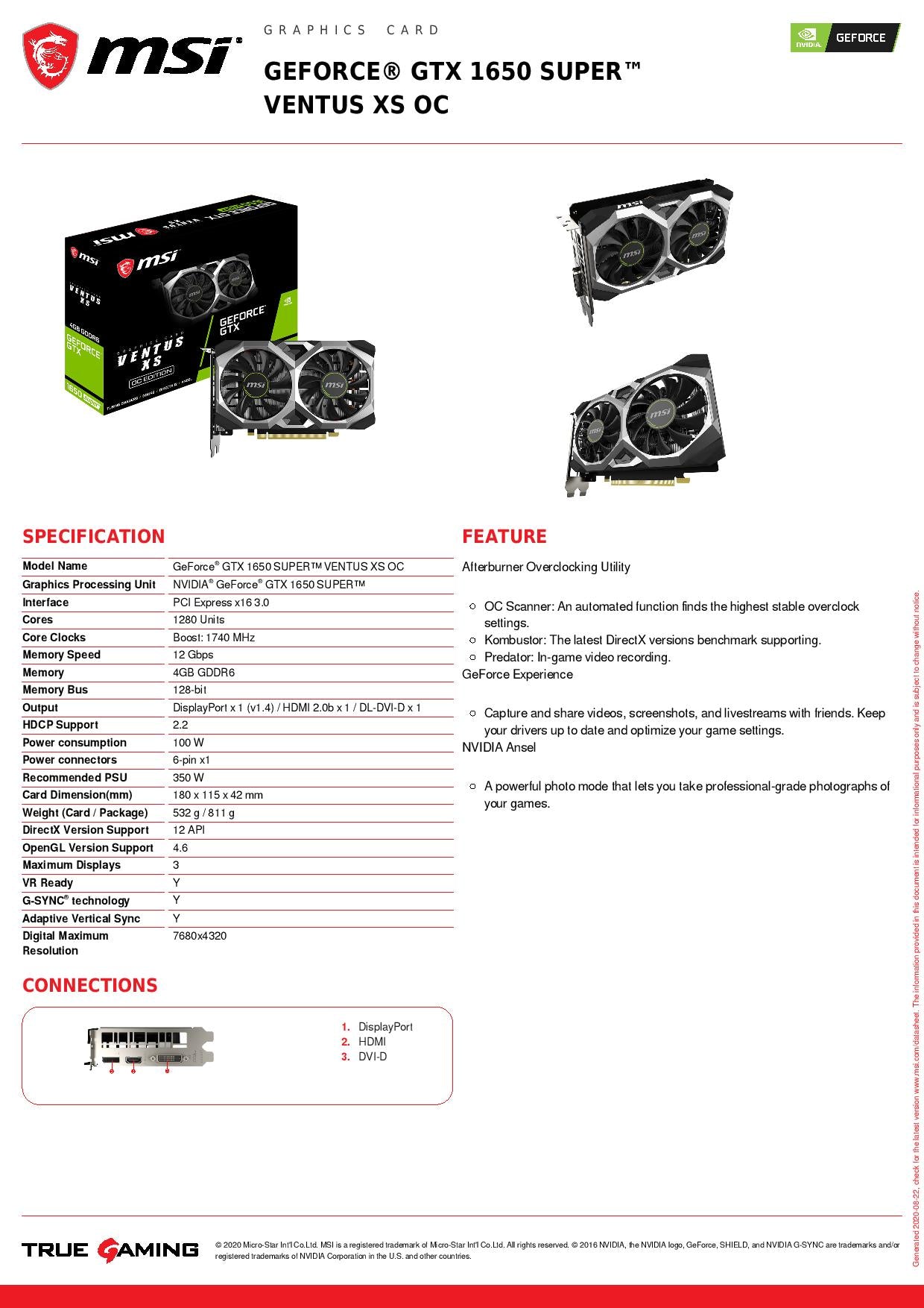 MSI GeForce® GTX 1650 SUPER™ VENTUS XS OC