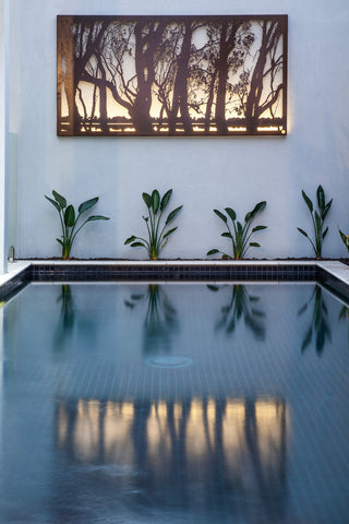 Murray Outdoor Metal Wall Art on a swimming pool wall 