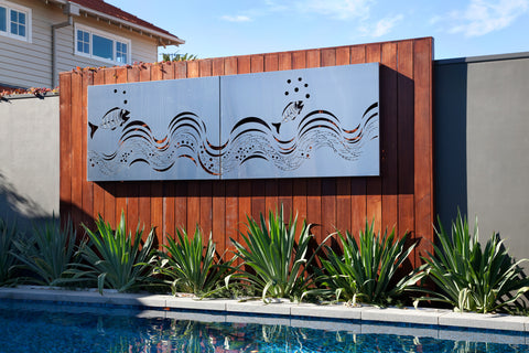 Outdoor Stainless Steel Wall Art on a Pool Wall