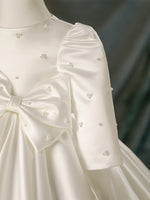 Elegant Girls Pearl Bow Princess Long Sleeve Pleated Puffy Dress